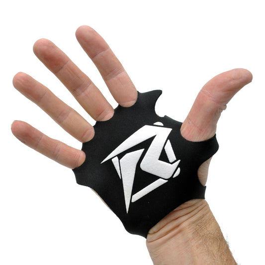 A hand wearing a black and white palm protector with a Risk Racing 'R' logo.