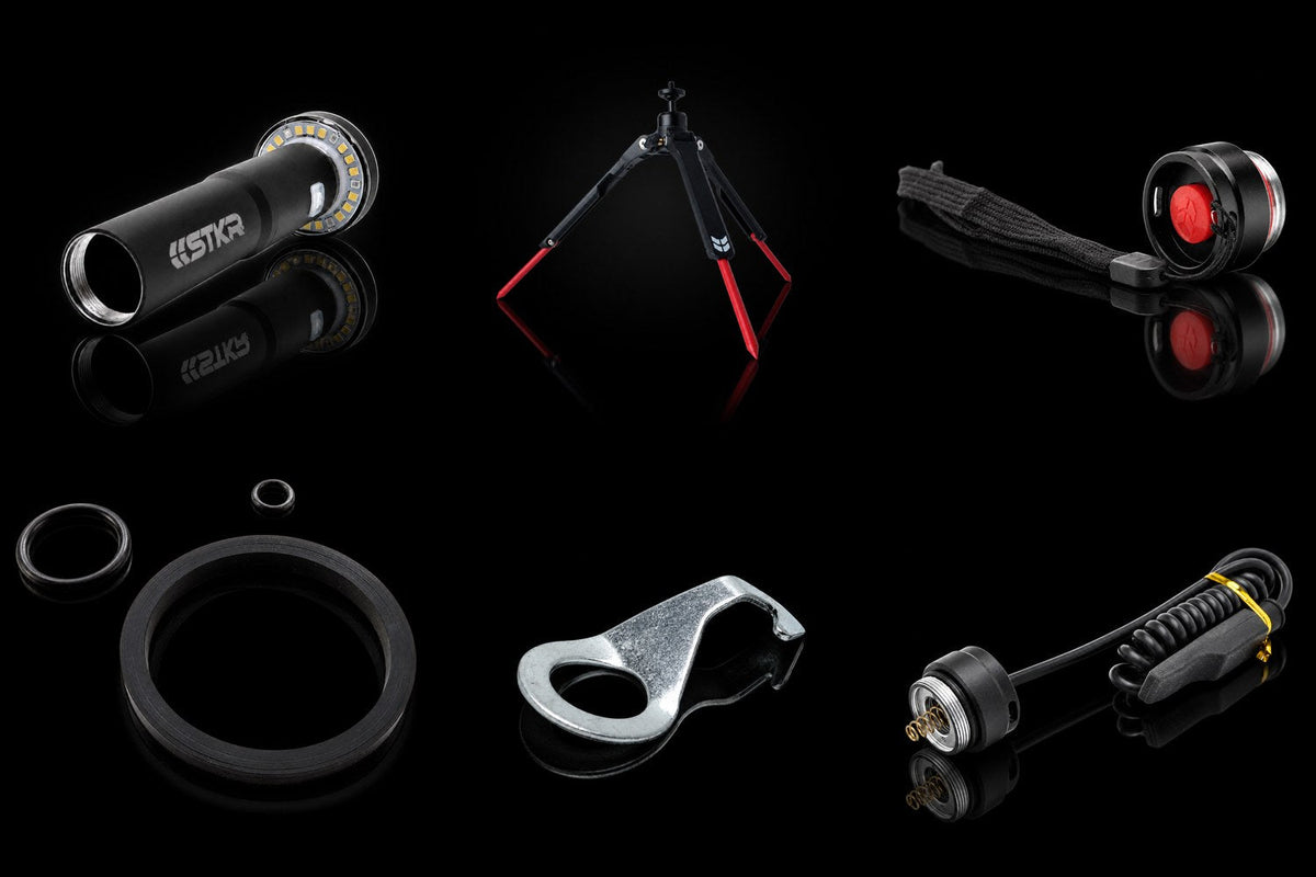STKR replacement parts: FLi head, FLi-PRO tripod, BAMFF end cap, EZ Jug seals, Hose Bender hook, and BAMFF pressure switch