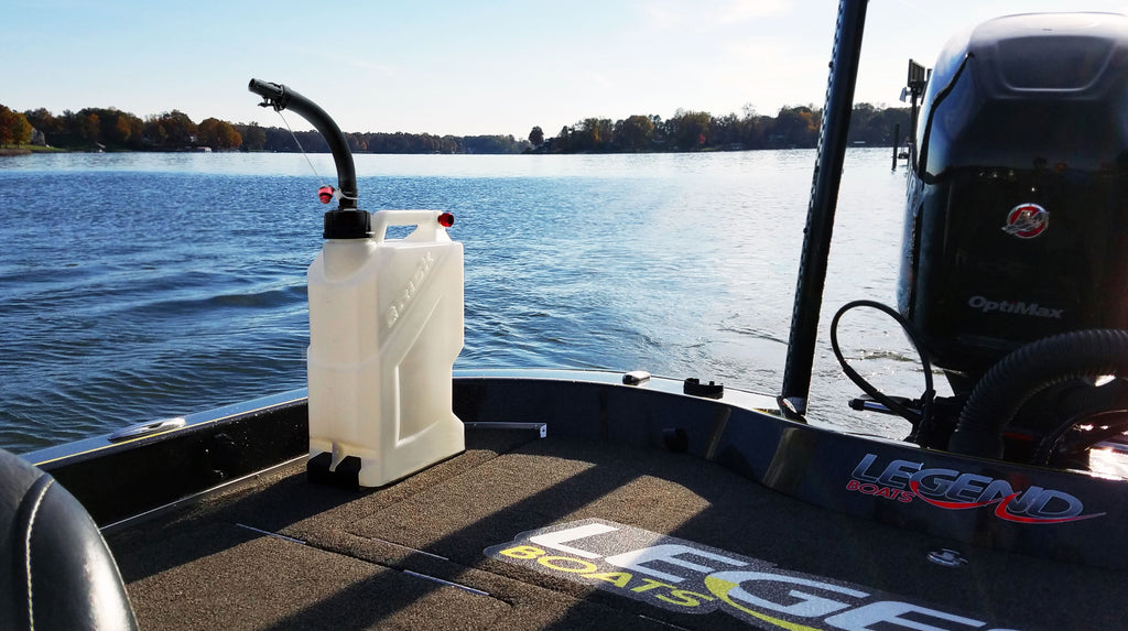 EZ Jug Fuel container on a boat with a lake in the background
