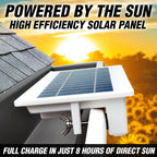 Solar panel gutter light on a roof with text 'Powered by the Sun, High Efficiency Solar Panel' and 'Full charge in just 8 hours of direct sun'.