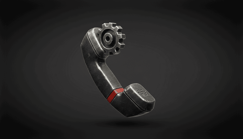 Metallic phone receiver with gear design on a dark background