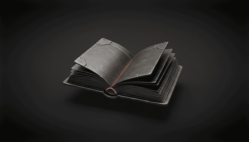 Open gray metallic book on a dark background
