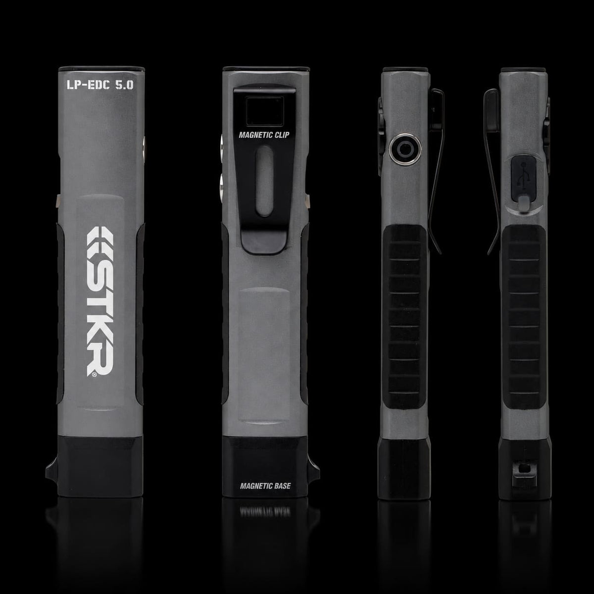 LP-EDC 5.0 Low Profile Everyday Carry "Flat" Flashlight front back and both side views on white