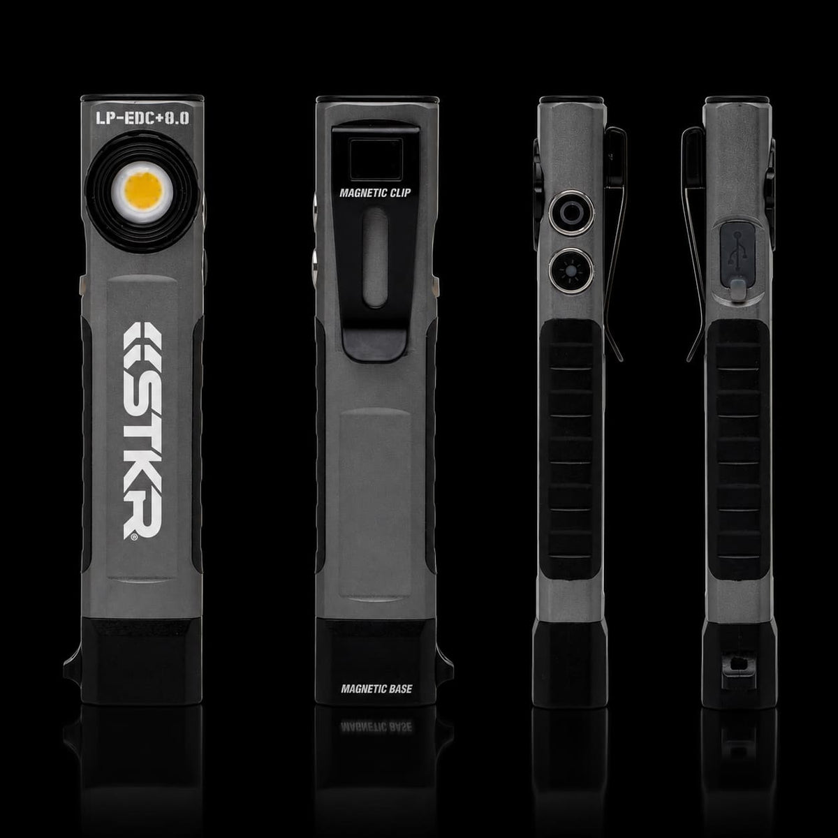LP-EDC+ 8.0 Low Profile Everyday Carry Ultra-Thin Spot & Flood Flashlight front back and side views on white