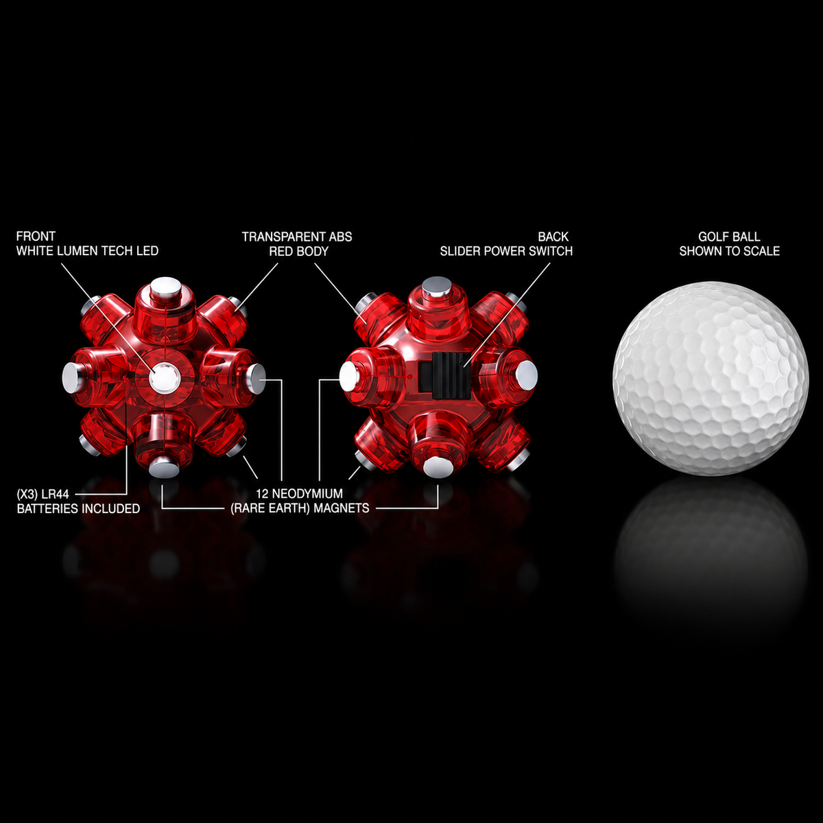 Magnetic Light Mine size and features compared with a golf ball on black