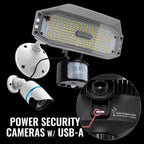 Security Light with USB power output to power security cameras on a white background