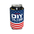 Can cooler with American flag design and text on a white background