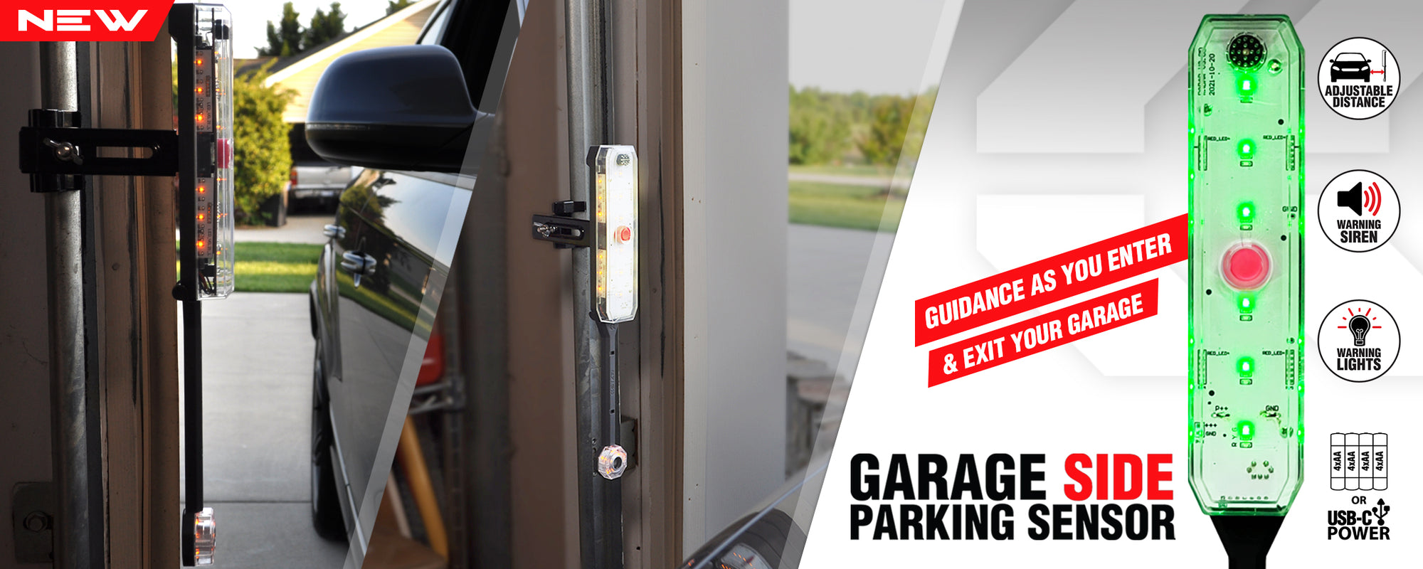 Garage side parking sensor homepage banner featuring 2 garage use pics and one studio image with titles and feature logos. Text reads: Garage Side Parking Sensor, Guidance as you enter & exit your garage, Adjustable Distance, Warning Siren, Warning Lights