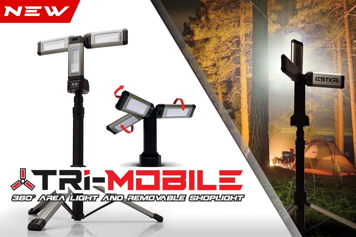 TRi-Mobile homepage mobile banner featuring 1 use case pic and 1 studio panel. Area Light shown camping. White studio pic shows the adjustability of the 3 light panels and removable shop light from tripod.