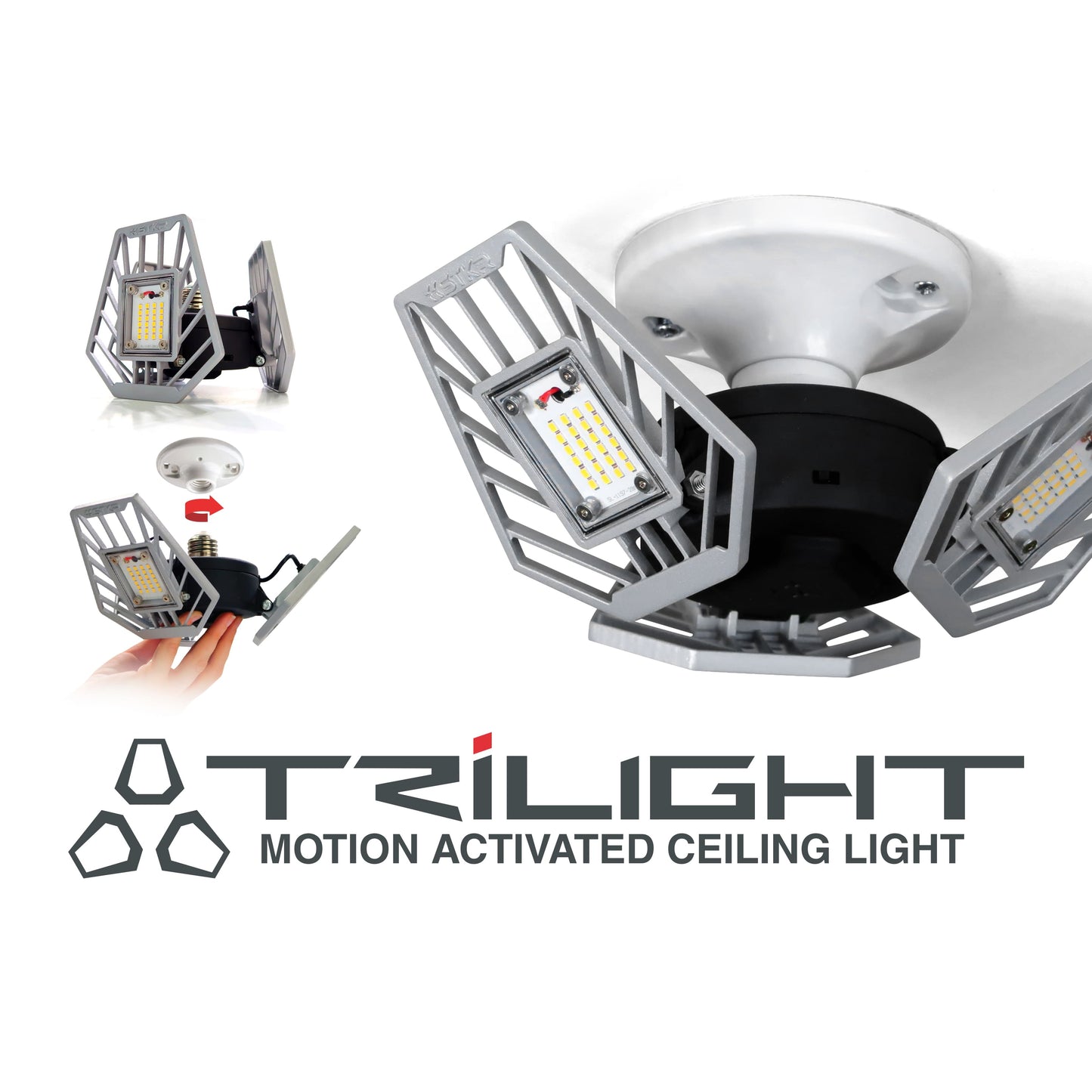 TRiLIGHT 2.0 installed in a ceiling socket with screw-in installation detail